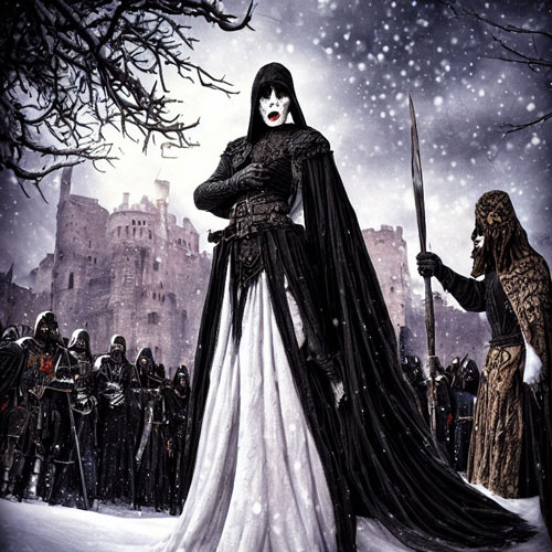 des maléfices étranges. Prompt : A long time ago, a man dressed in black crowned a beautiful dead woman with skin as white as snow and whose blue eyes were like stars, in front of an assembly of warriors dressed in black in a medieval castle.